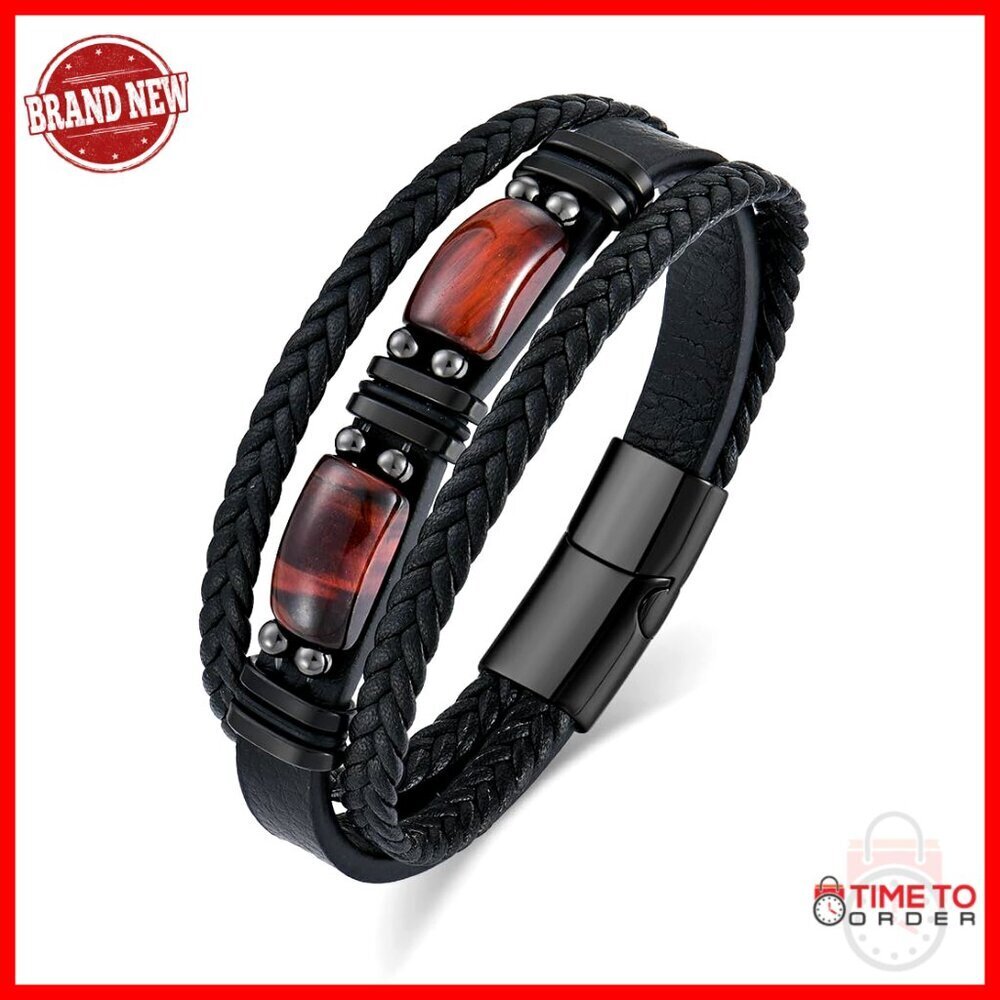 Men's Tiger Eye Leather Bracelet Braided Wristband Stainless Steel Buckle